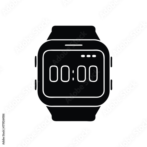 A black and white illustration of a smartwatch displaying the time as zero minutes and seconds