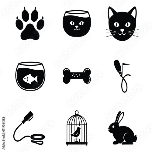 Pet Icons: Cat, Dog, Fish, Bird, Rabbit, Accessories pets animal animals paw print fishbowl bone leash cage birdcage