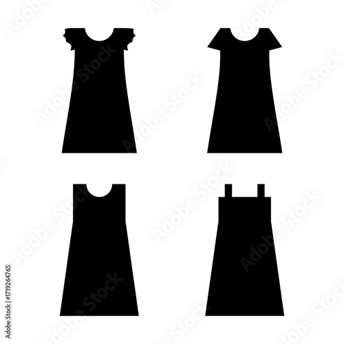 Set Of Midi Dress Hand Drawn Black Silhouette icon Symbol Logo Vector Collections	