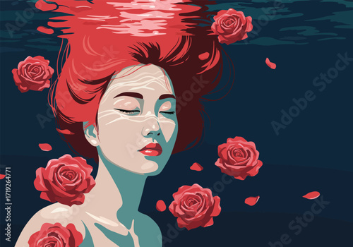 A captivating illustration of a woman with red hair submerged in water, surrounded by red roses and petals, creating a serene and dreamlike atmosphere in the deep blue water