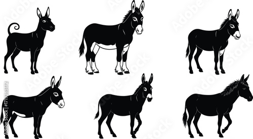 Donkey silhouette, black donkey icon, walking donkey vector, animal shape graphic, farm mammal art, stylized donkey design, wildlife illustration, motion pose