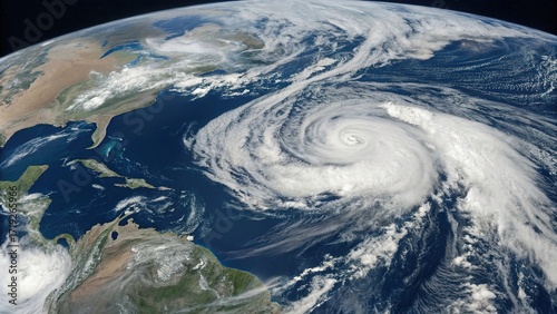 Satellite view showcases Earth’s dramatic cloud patterns and a swirling hurricane in the Atlantic Ocean