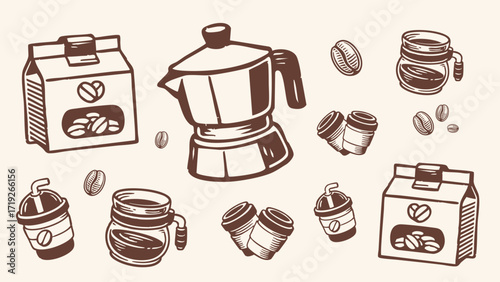 Coffee set cartoon vector illustration drink object isolated flat vector elements
