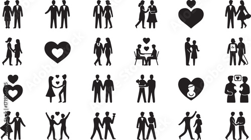 Collection of black couple icons and heart symbols on white background love romance