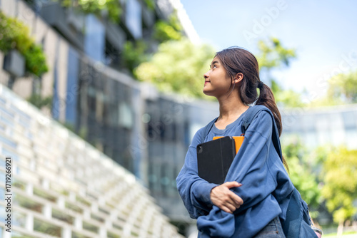 University student with backpack and tablet, campus life education journey, young asian woman ready for class, studying and learning, academic lifestyle college campus background, knowledge and growth