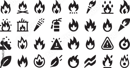 Collection of black fire and warning icons on white background flame bonfire