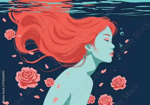 A serene illustration of a woman with flowing red hair, surrounded by delicate pink roses against a dark blue backdrop, evoking a sense of peace and tranquility in a dreamlike setting