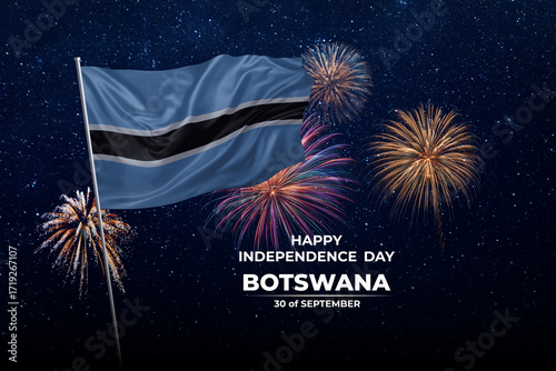 National flags of Botswana in night sky with stars and fireworks