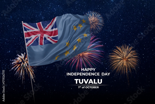 National flags of Tuvalu in night sky with stars and fireworks