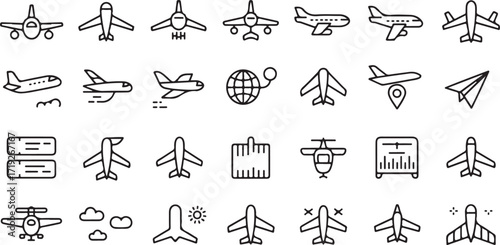 Collection of black outline airplane and aviation icons aircraft travel