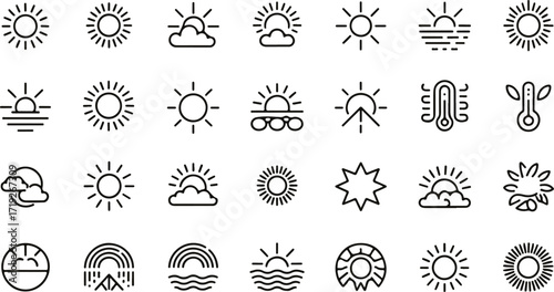 Collection of black outline sun and weather icons sun icon cloud icon