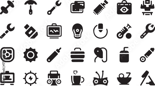 Collection of black silhouette icons representing tools objects and technology