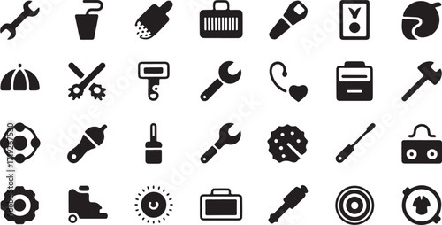 Collection of black tool and object icons on white background wrench bucket