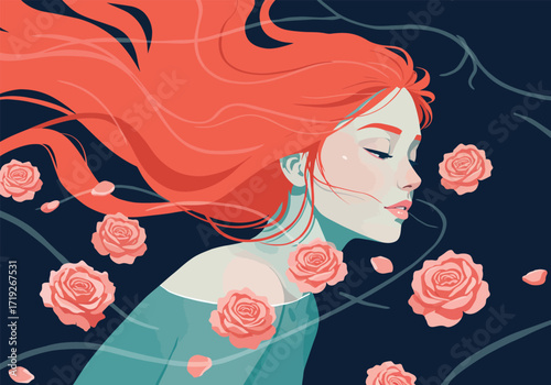 A serene illustration of a woman with flowing red hair, surrounded by delicate pink roses against a dark blue backdrop, evoking a sense of peace and tranquility in a dreamlike setting