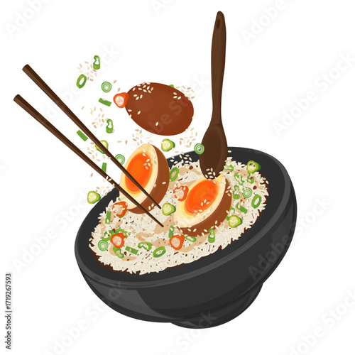 Vector Illustration Logo Clipart Levitation Korean Food Mayak Gyeran with Rice 