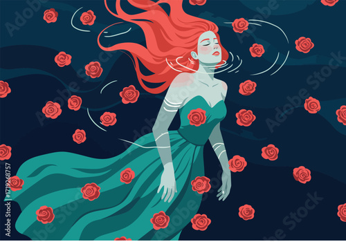 An artistic depiction of a woman with vibrant red hair, gracefully floating amidst a scattering of red roses in a dark blue expanse, creating a surreal and captivating scene