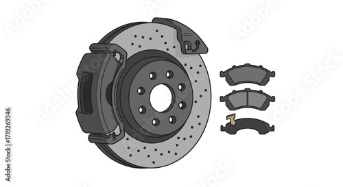 Car Brake Disc with Caliper and Pads, Gray Tones Illustration