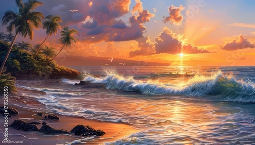 Vibrant sunset over a tropical beach, with waves crashing on the shore and palm trees silhouetted against the fiery sky