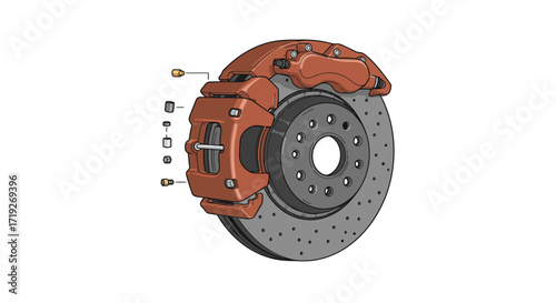Detailed Illustration of a Car Brake System with Rotor and Caliper