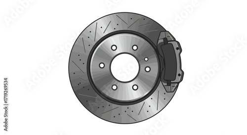 Gray Car Brake Disc with Caliper, Slotted and Drilled Design