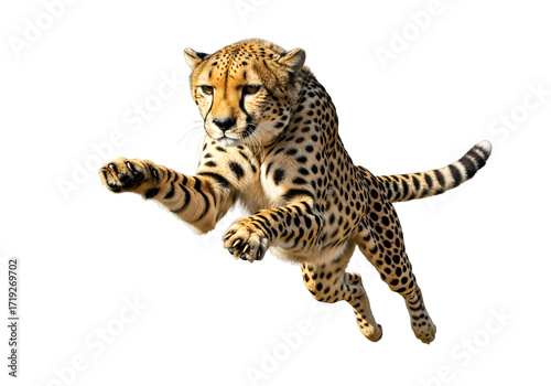 A powerful cheetah leaps against a stark black background, showcasing its dynamic form and intricate spotted fur pattern.