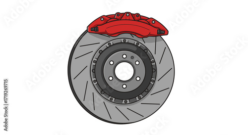 Red Brake Caliper on a Gray Disc Brake Rotor