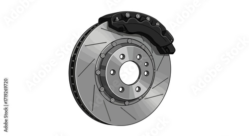 Slotted Brake Disc with Black Caliper, Automotive Component Illustration
