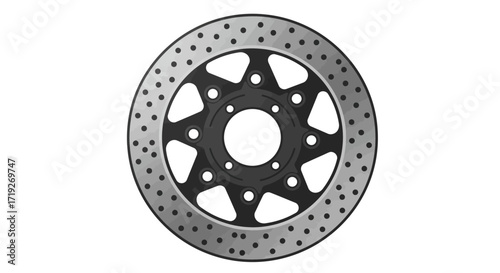 Perforated Motorcycle Brake Disc, Gray and Black, Detailed Illustration