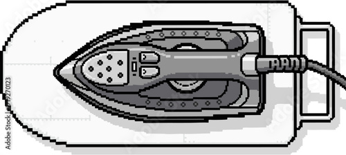 An iron rests on an ironing board, ready for use.