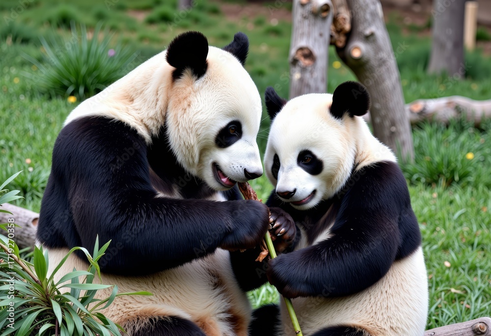 Obraz premium Two adorable giant pandas peacefully sharing a bamboo snack amidst lush green vegetation, showcasing their gentle nature and social behavior in a serene environment