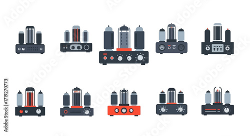 Collection of audio amplifier tube devices isolated on white background.
