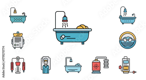 Collection of bathtub and shower icons.