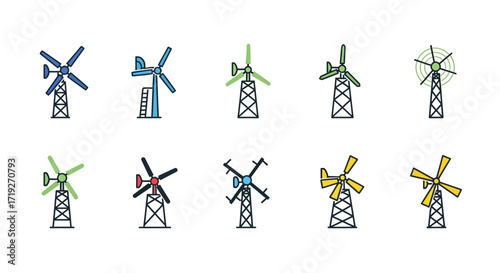 Collection of colorful hand drawn wind turbine icons.
