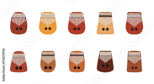 Collection of Colorful Kalimba Musical Instruments with Varying Designs.