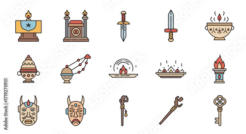 Collection of Fantasy and Mystical Icons - Swords, Masks, and Ritual Objects.