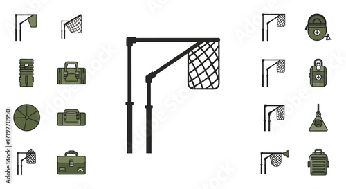 Collection of fishing nets and gear in olive green.