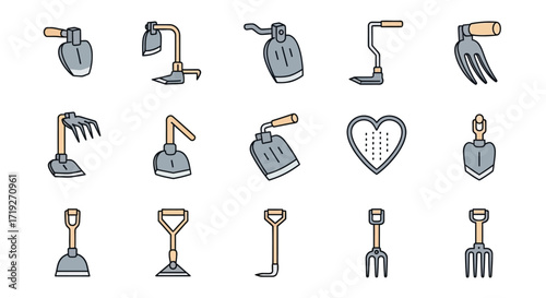 Collection of Gardening Hand Tools for Cultivating Soil and Weeding.