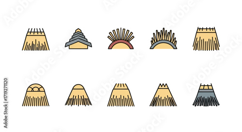 Collection of Traditional Japanese Thatched Roof Icons.
