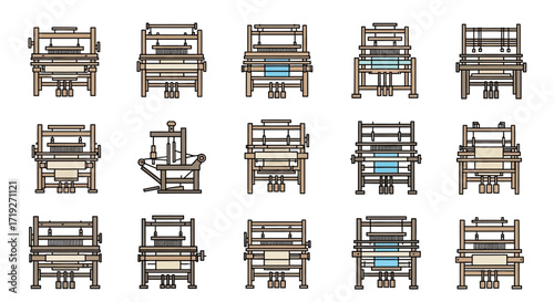 Collection of various antique weaving looms.