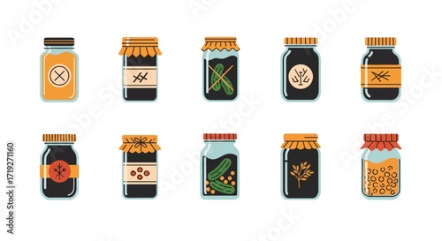 Collection of various jars with different contents and labels.