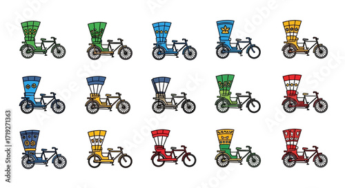 Colorful Rickshaws and Pedicabs Collection Traditional Asian Bicycle Taxis.