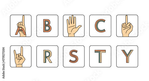 Creative Alphabet and Hand Sign Language Icon Set.