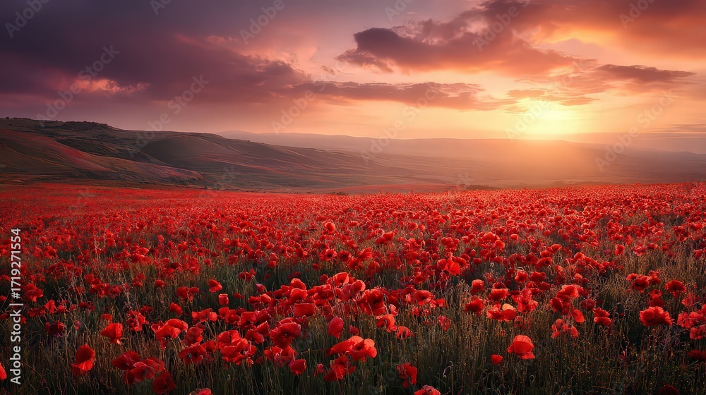 Fototapeta premium Vibrant Red Poppy Field at Sunset