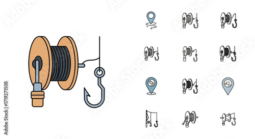 Fishing Reel and Hook - A Detailed Vector Illustration for Angling Enthusiasts.