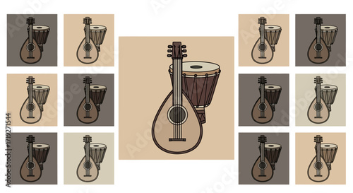 Folk music instruments lute and djembe illustration collection.