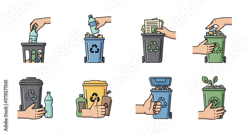 Hand Drawn Illustrations of Waste Sorting and Recycling Process.