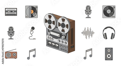 Hand Drawn Retro Music Recording and Playback Icons Set.