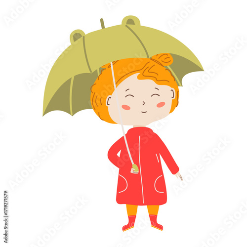 Cute girl in red raincoat and rubber boots holding green frog umbrella. Fun autumn illustration for kids design, poster, or seasonal decoration