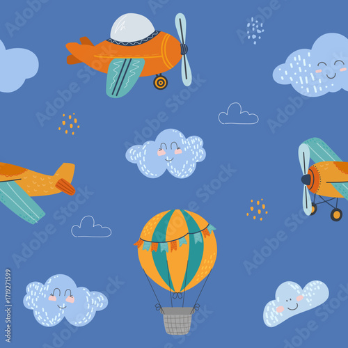 Seamless pattern kids, aircraft, and clouds. Suitable for kids backgrounds, baby textiles, and nursery wallpapers. Blue background with whimsical sky elements.