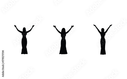 Three silhouettes of women in gowns with arms raised against a plain white background